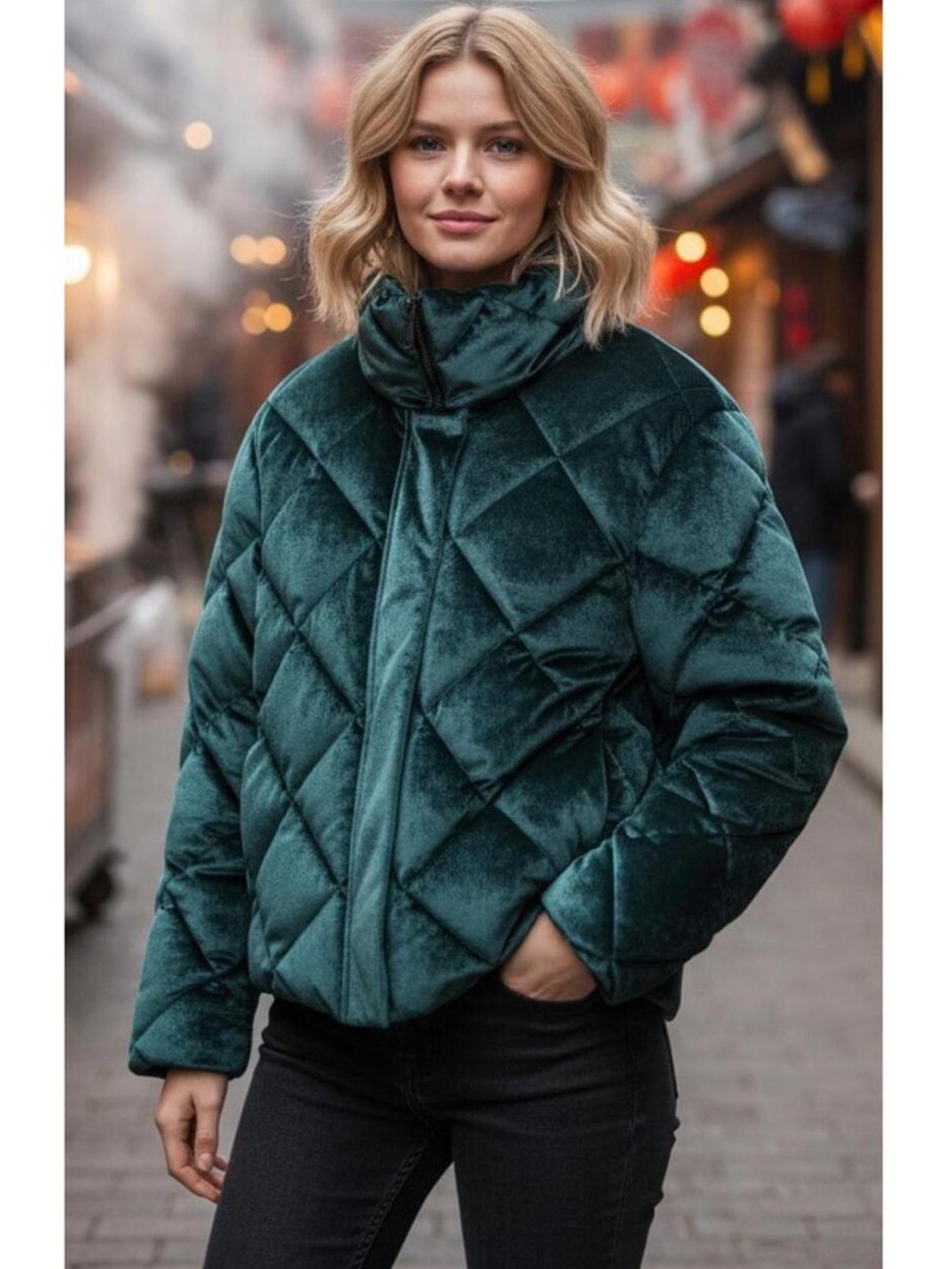 Jason Wu Emerald Velvet Quilted Puffer Hooded Luxe Women's Emerald Fall Winter M